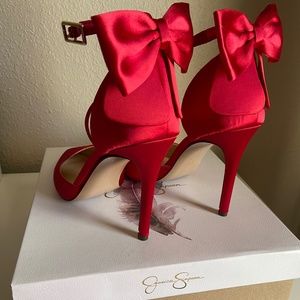 Jessica Simpson holiday red polla heels with bows